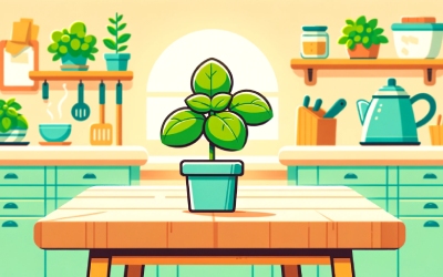A basil plant on a kitchen table.