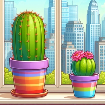 A cartoon cactus on a windowsill
