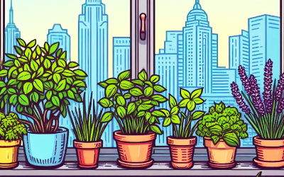 Pots of herbs including mint and thyme on a windowsill with a city backdrop