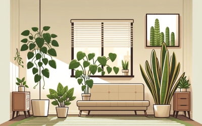 Houseplants including a snake plant and a monstera in a living room