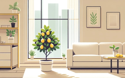 A potted lemon tree in an apartment