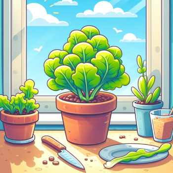 A grow-it-yourself lettuce plant on a sunny windowsill