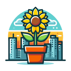 The Urban Gardening Hub logo, a cartoon sunflower in front of a city skyline