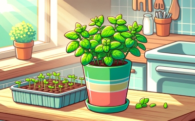 A home-grown indoor mint plant on a kitchen table.