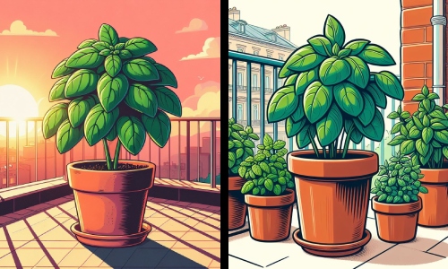 Basil growing outdoors on a city balcony