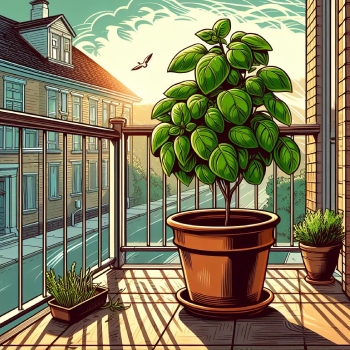 An outdoor basil plant on an urban balcony