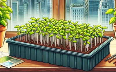 Seedlings growing on a city windowsill