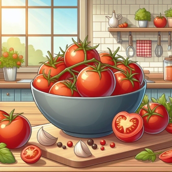 Fresh tomatoes in a bowl on a sunny kitchen table