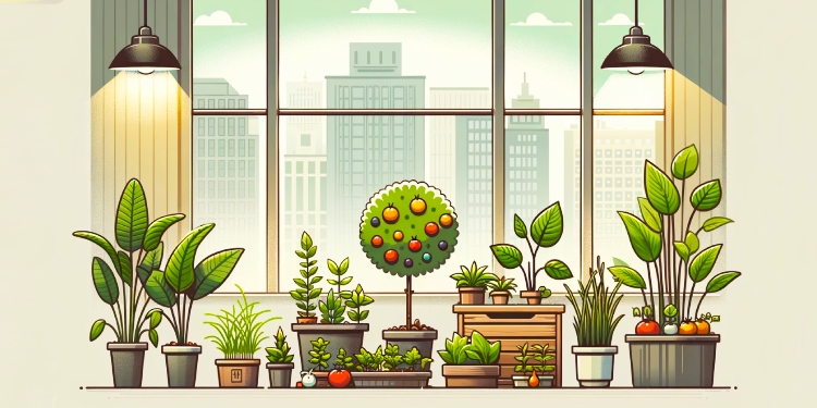 An urban garden of vegetables, fruit, herbs and houseplants growing in a city apartment.