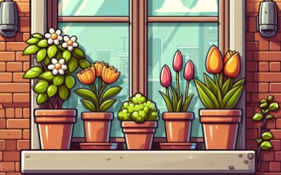 Colourful houseplants growing on a city window-ledge