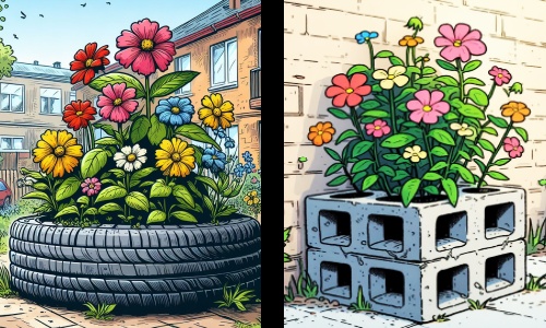 An upcycled tyre planter and an upcycled planter made from cinder blocks